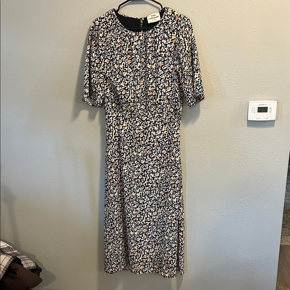 Mads‎ Norgaard Dianna Black Orange Cream Midi Dress Elbow Sleeves Leopard